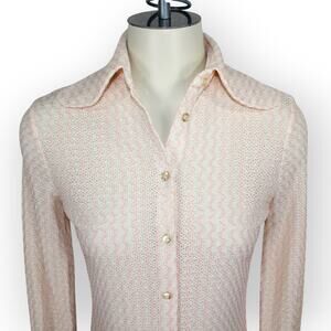 XS Vintage Montaldos Blouse Cream~Pink Knit Mesh DogEar PlatterCollar 70s